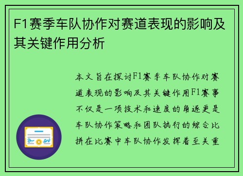 F1赛季车队协作对赛道表现的影响及其关键作用分析 F1赛季车队协作对赛道表现的影响及其关键作用分析