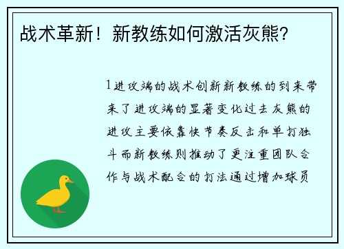 战术革新！新教练如何激活灰熊？